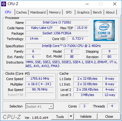 Intel Core i3-7100U @ 2.40GHz in CPU-Z