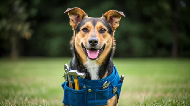 A happy brown, black, and white mixed-breed dog looking directly forward while wearing a blue tool belt filled with hand tools like a hammer and wrenches, set against a blurry green grass background.
