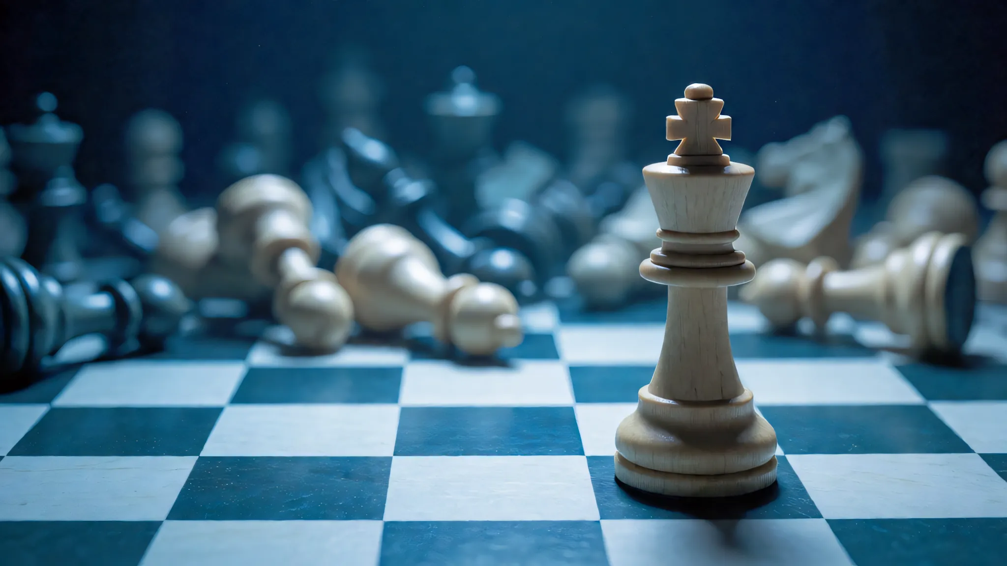 A white king chess piece standing upright on a chessboard, with several fallen chess pieces blurred in the darkly lit, cool-toned background.